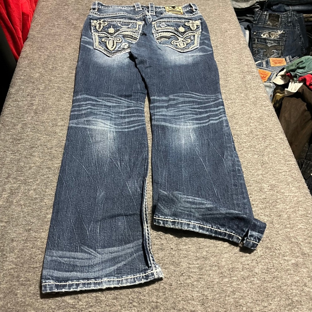 Rock Revival Beryle Slim Boot Jeans Mens 30x32 Blue Distressed Embroidered Denim